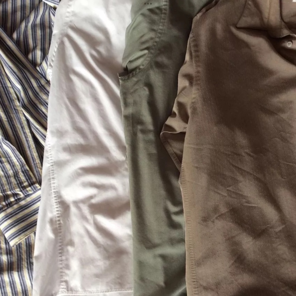 LOT OF 4 MENS BUTTON UP DRESS SHIRTS VAN HEUSEN 16 16 1/2 34/35 STRIPE KHAKI